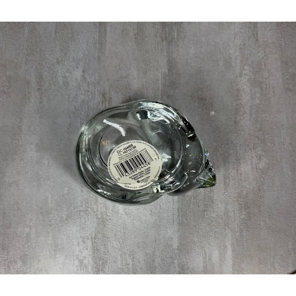 Vintage Cat Votive Holder Crystal Glass Sleeping Feline Tea Light Made USA 90s